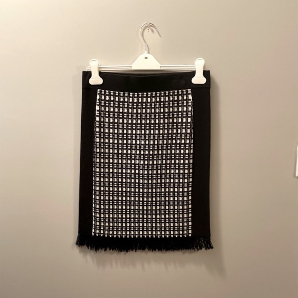 IVANKA TRUMP Black and White Plaid Knit Pencil Bodycon Fringe Skirt